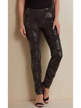 Soft Surroundings Black Floral Twilight Leggings Stretch Pants Size L Shiny